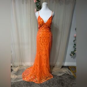 Vibrant Orange Backless Lace Dress